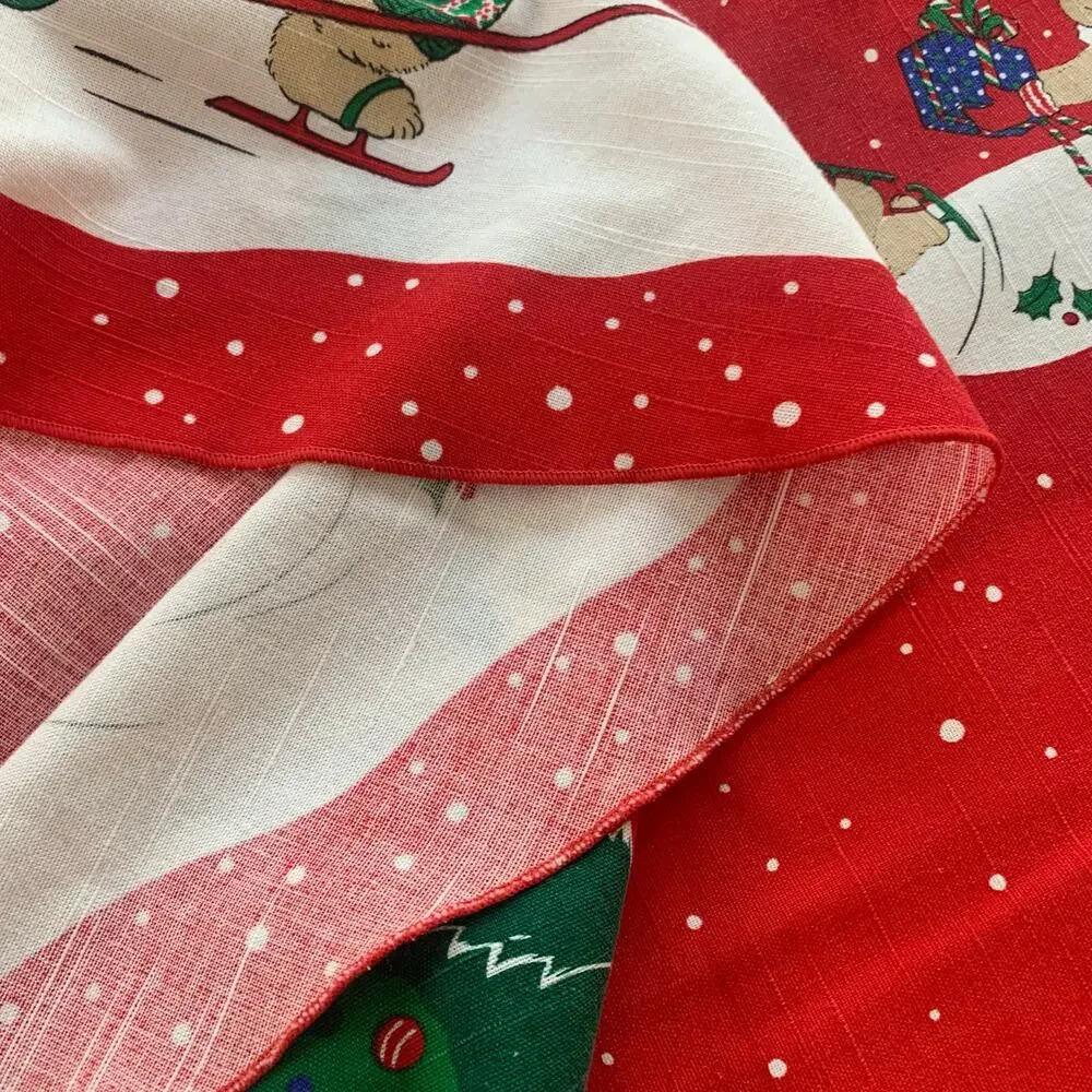 Vintage Christmas Tablecloth Round Red Holiday Teddy Bear Snow Scene 60” Decor